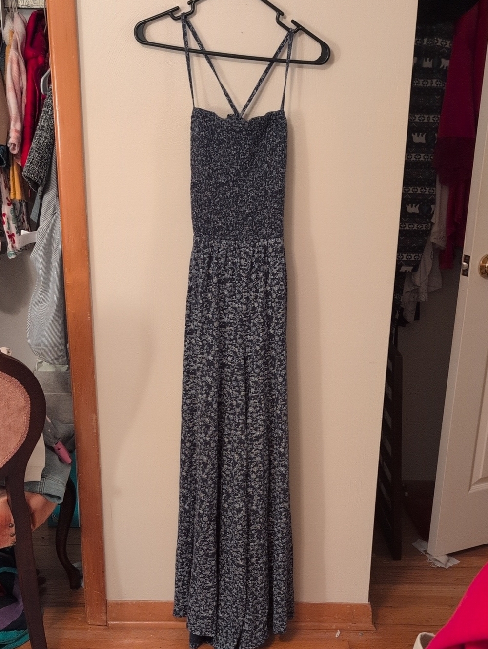American Eagle Smocked Navy Floral Maxi Dress with Crossback Straps